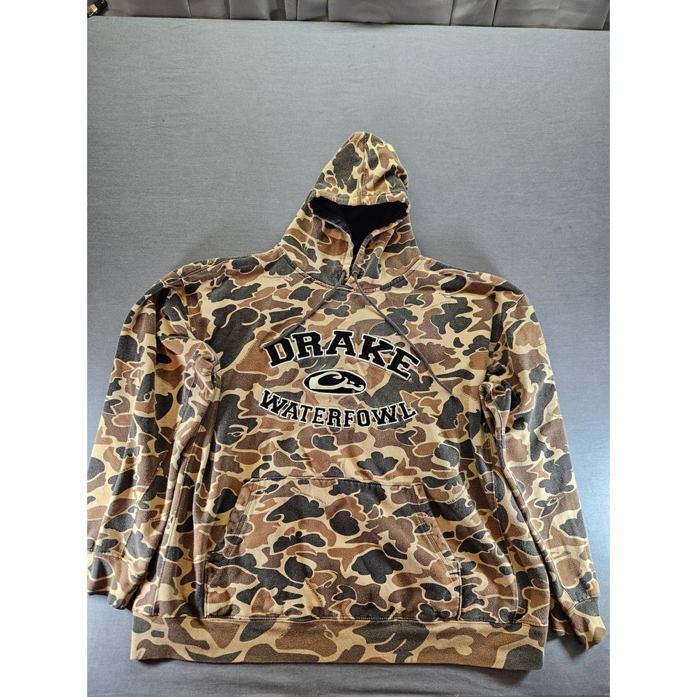 Drake Waterfowl Old School Camo Hoodie Mens XL Pullover Duck Hunting Brown Logo